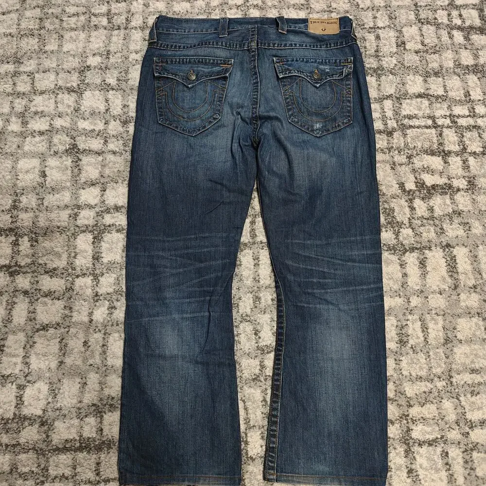 True Religion Ricky Relaxed Straight Jeans Men's 38 Flap Pocket Distressed Blue